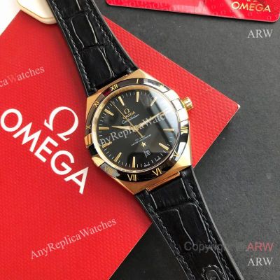 High Quality Replica OMEGA Constellation Black Imported Rubber Strap Black Face Dial 2-Tone 316L Stainless Steel Case Watch 